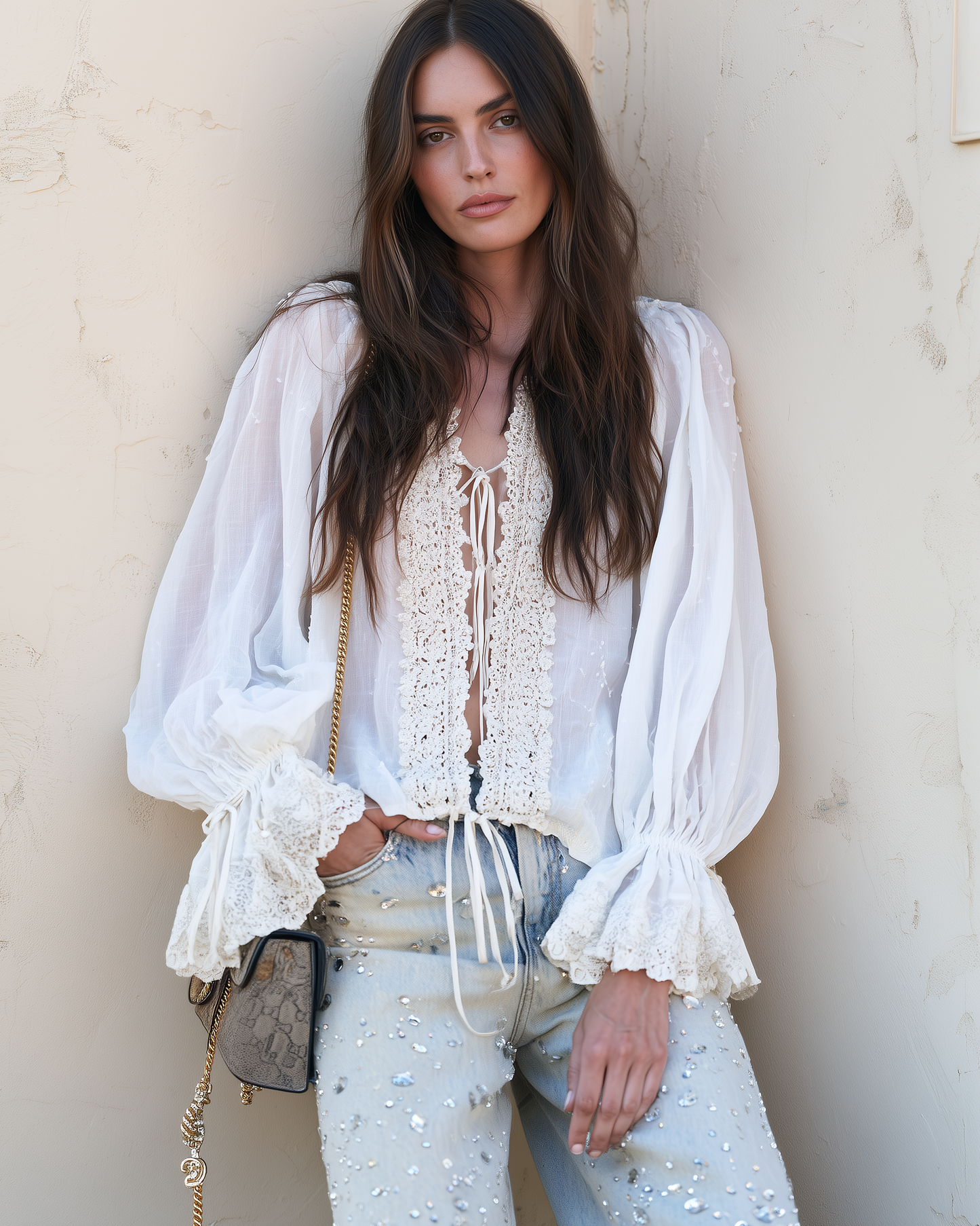 Romantic Boho Cotton-Gauze Crochet-Lace Tie-Front White Peasant Blouse