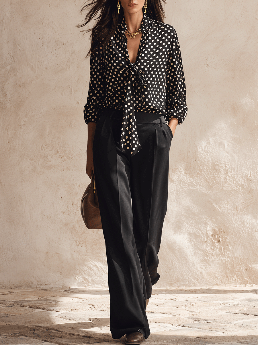 Effortless Glam Satin Polka-Dot Bow-Front Long-Sleeve Black Blouse