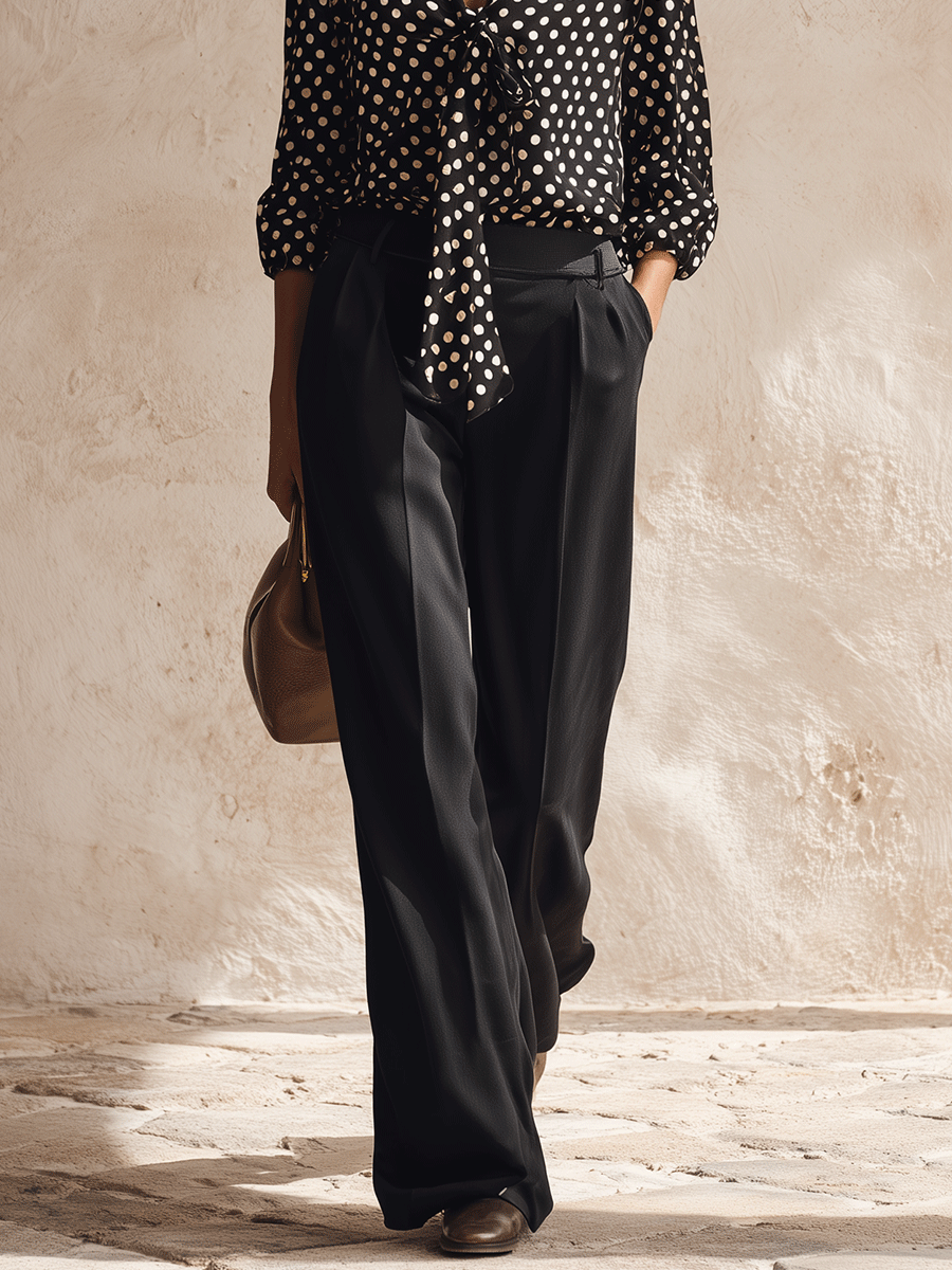 Effortless Glam Satin Polka-Dot Bow-Front Long-Sleeve Black Blouse