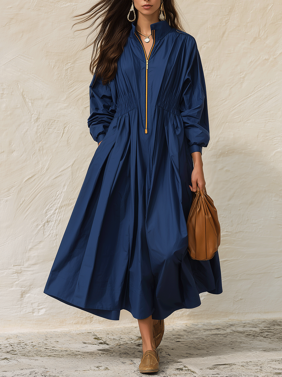 Women's Zip-Up Stand Collar Long Sleeve Cinched Waist Maxi Dress