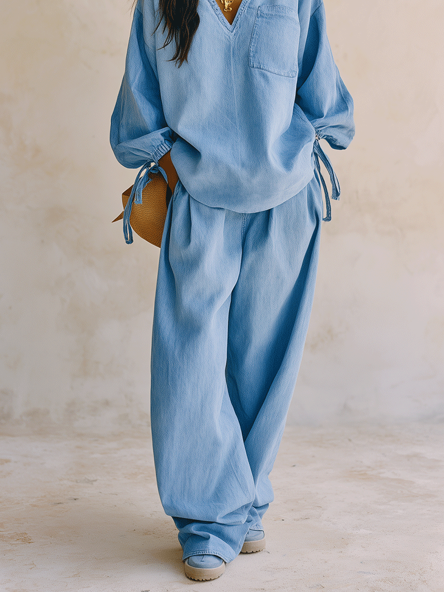 Women's Denim Two-Piece Set - V-Neck Tie-Sleeve Top & Wide Leg Pants