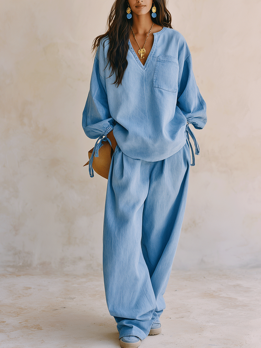 Women's Denim Two-Piece Set - V-Neck Tie-Sleeve Top & Wide Leg Pants