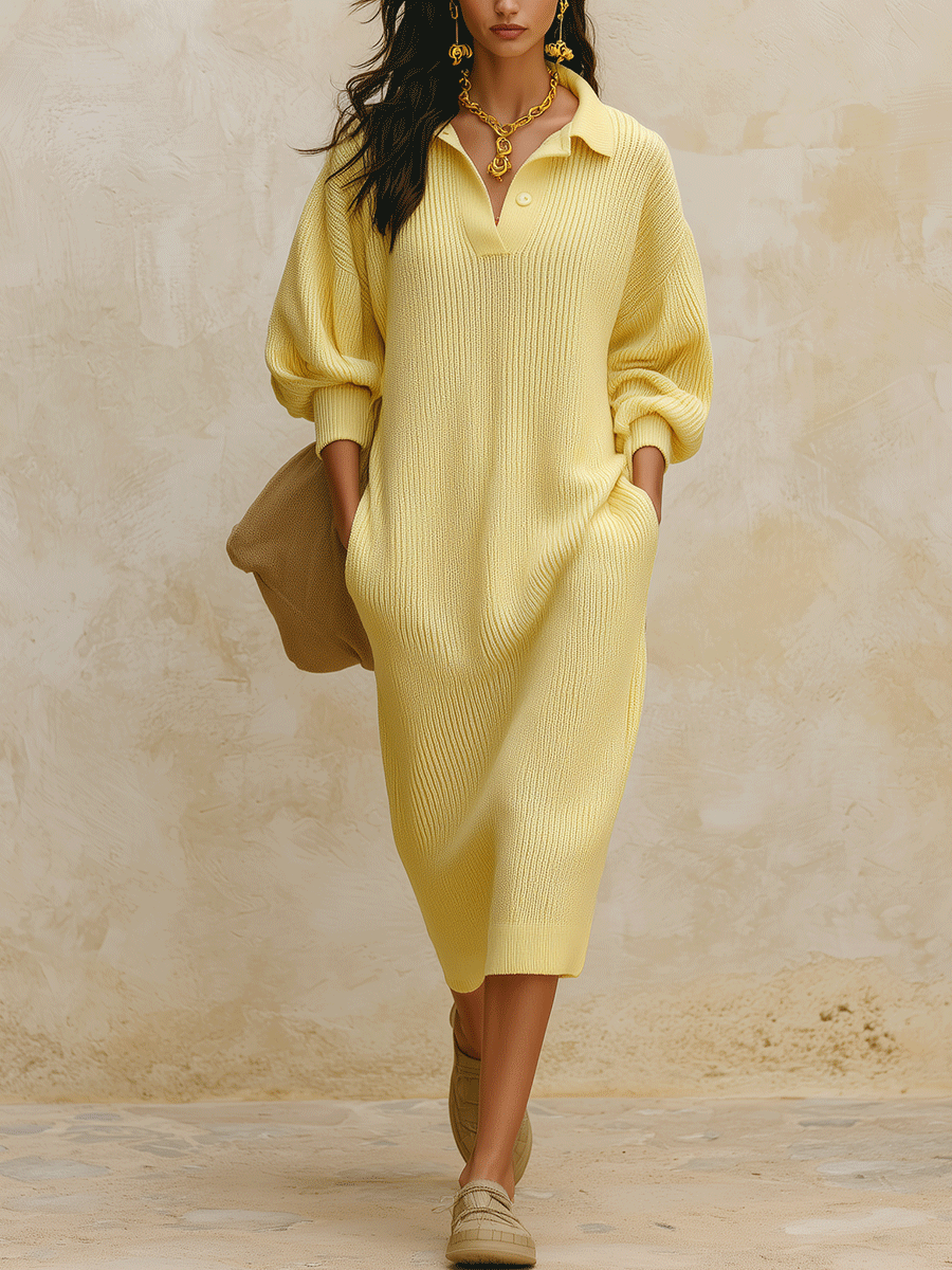 Women's Oversized Ribbed Knit Polo Collar Sweater Dress Long Sleeve Midi Dress