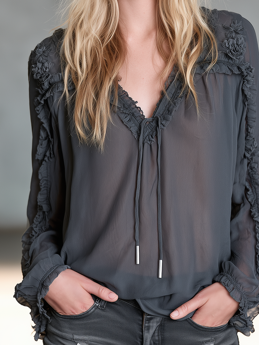 Romantic Vintage Ruffle Trim Chiffon Top