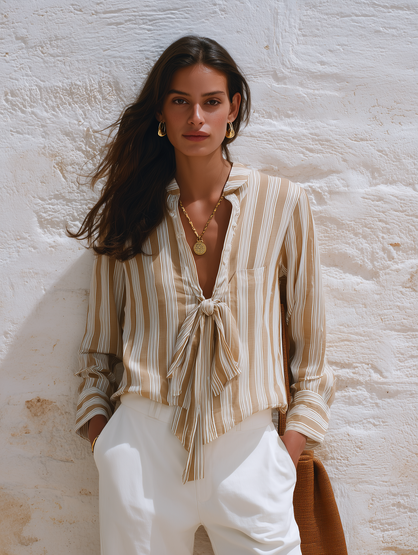 Women's Striped Tie-Neck Long Sleeve Blouse