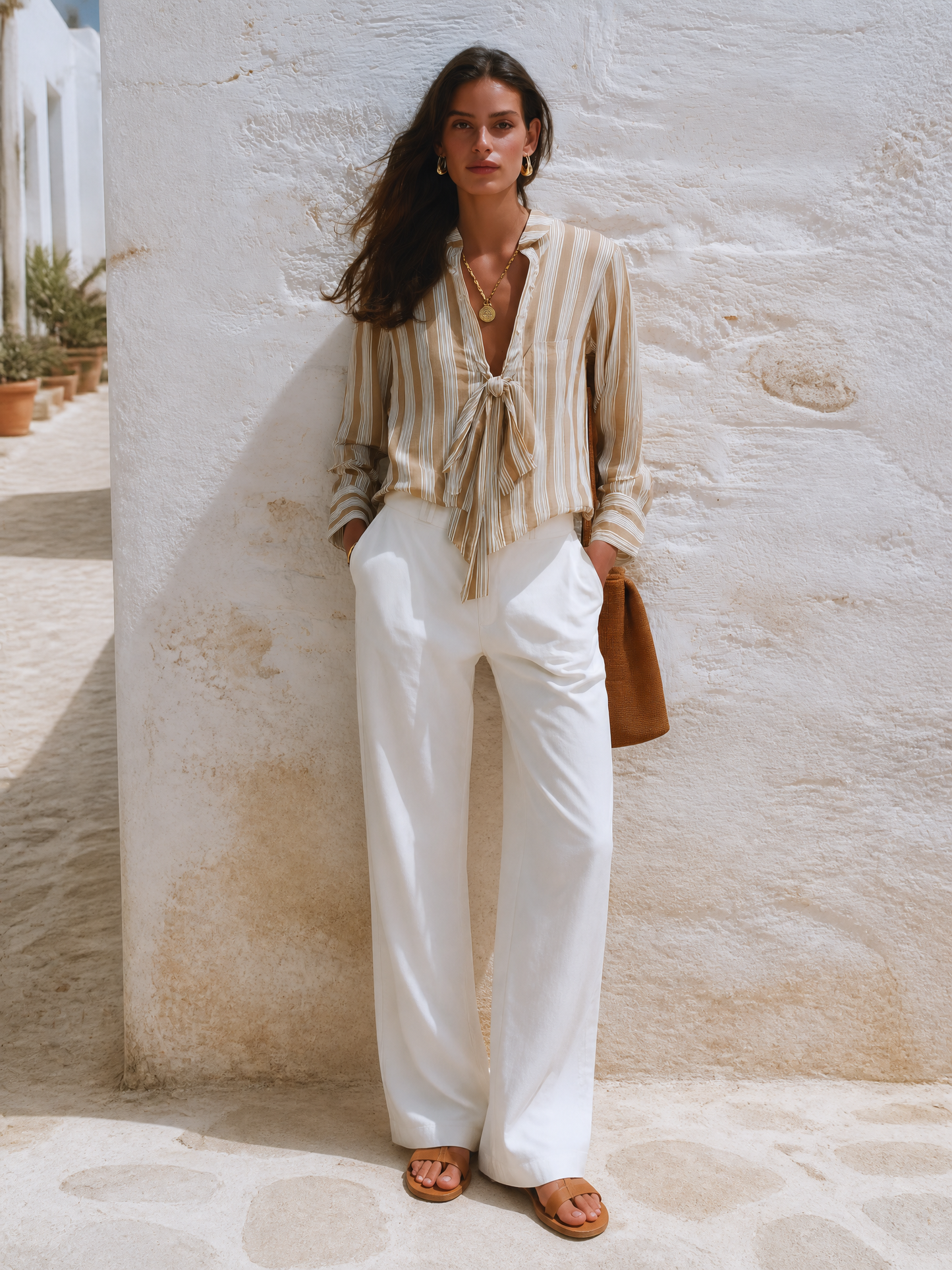 Women's Striped Tie-Neck Long Sleeve Blouse