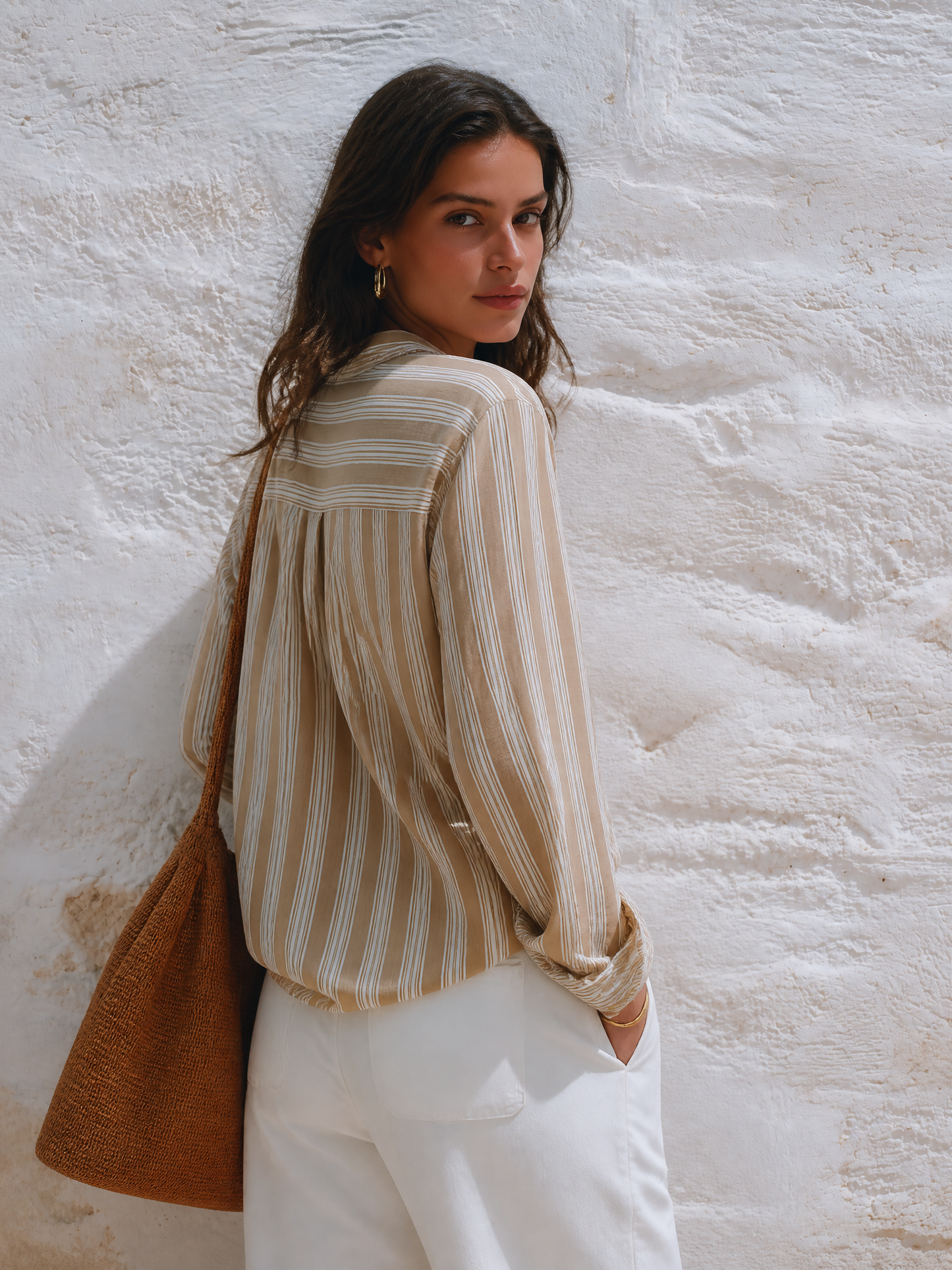 Women's Striped Tie-Neck Long Sleeve Blouse