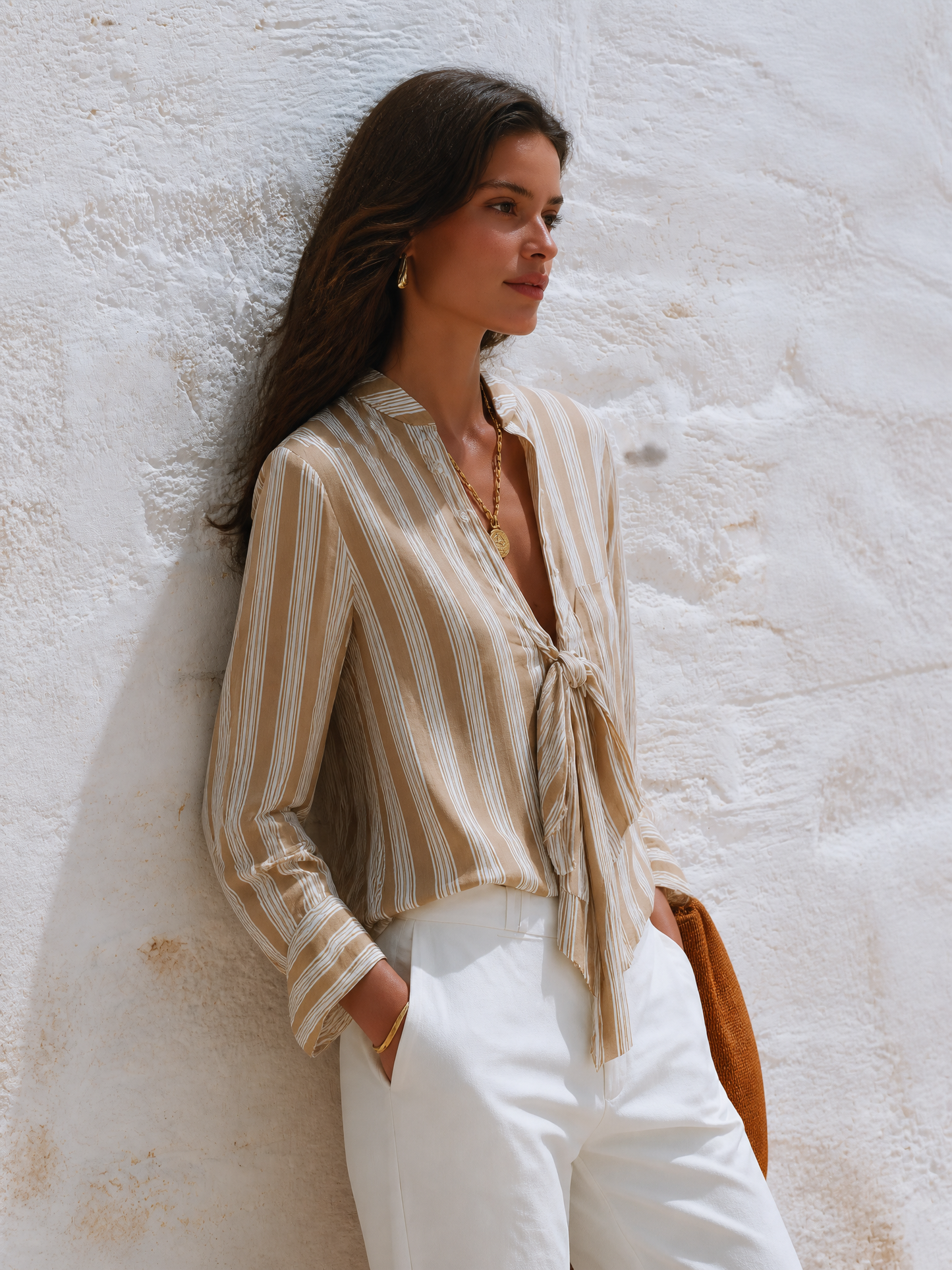 Women's Striped Tie-Neck Long Sleeve Blouse