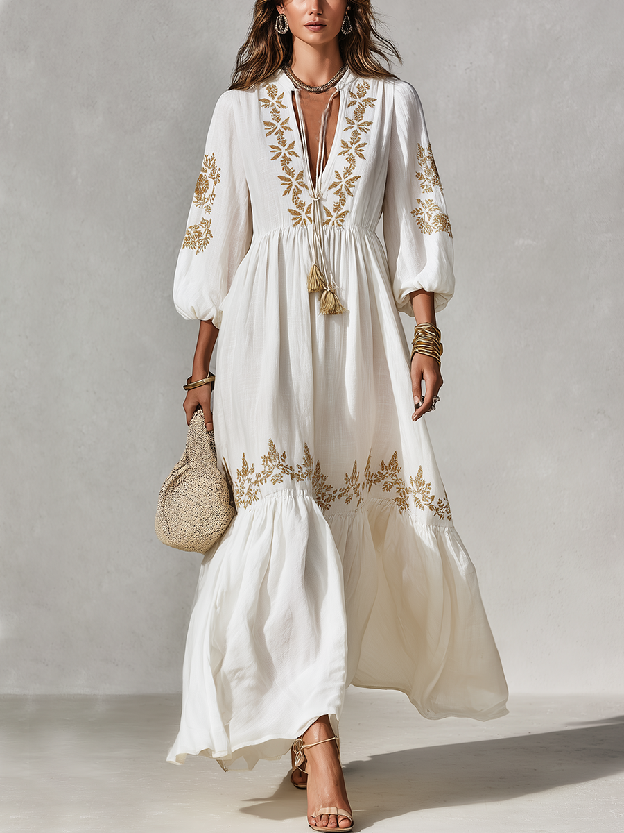 Bohemian Gold Floral Maxi Dress