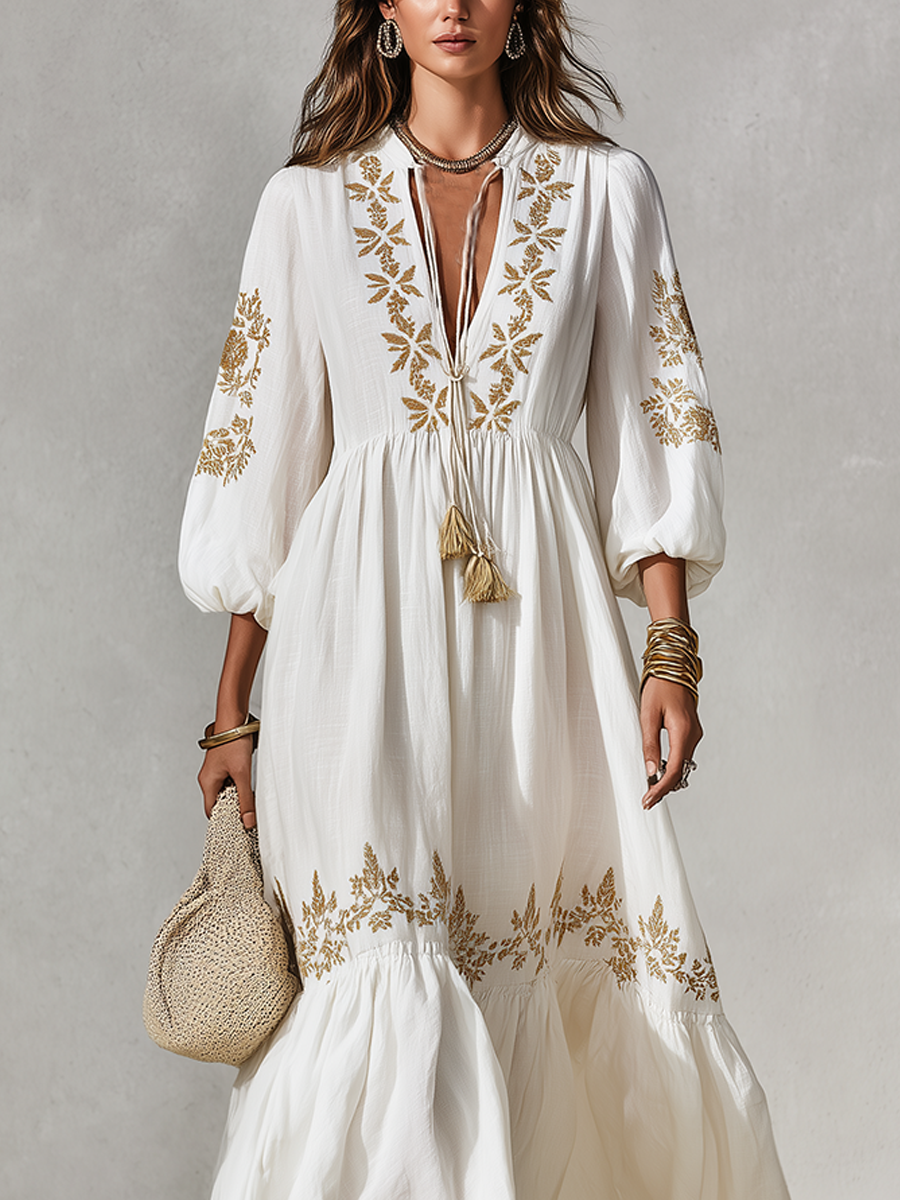 Bohemian Gold Floral Maxi Dress