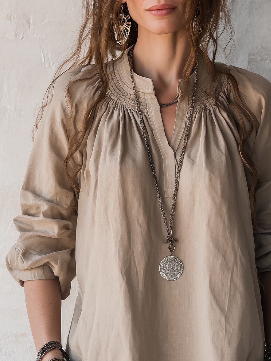 Bohemian Beige Linen Ruffled Collar Top