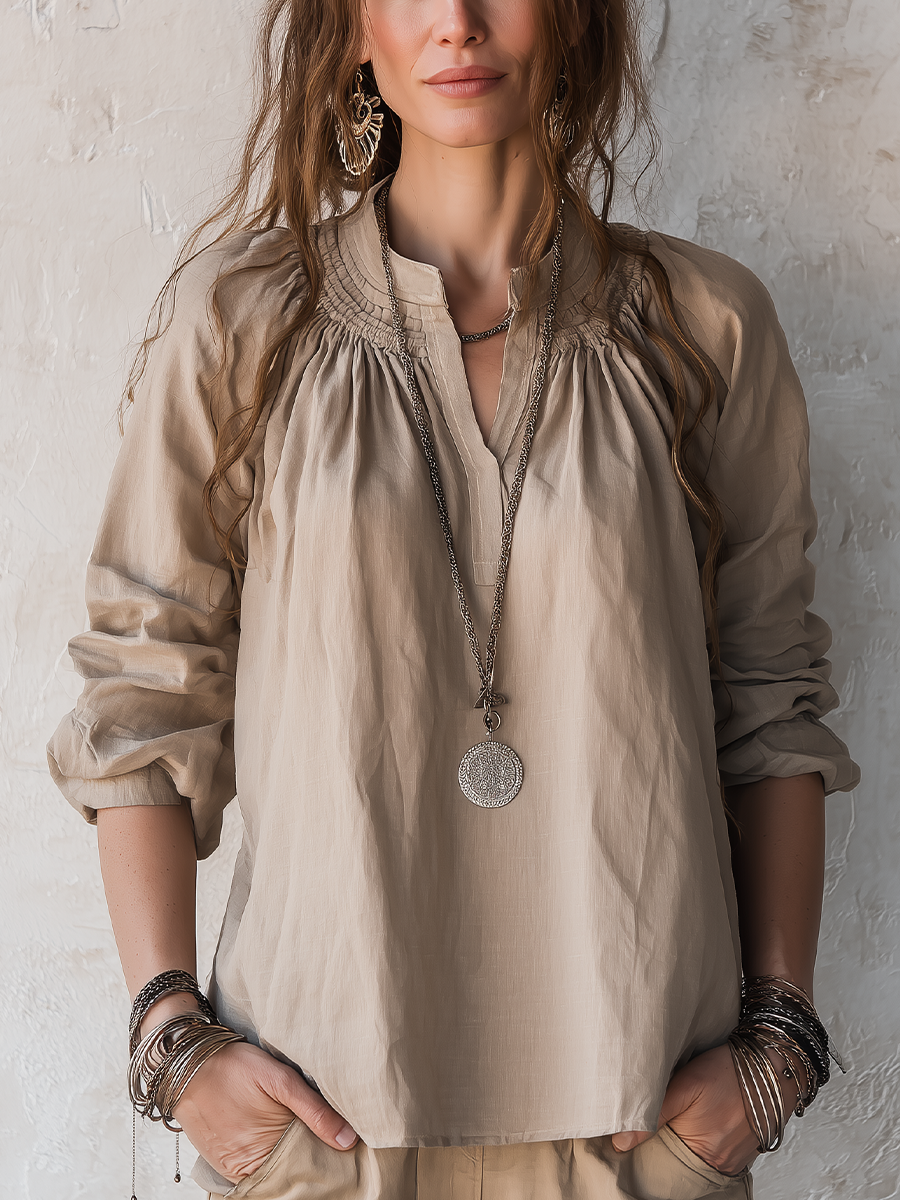 Bohemian Beige Linen Ruffled Collar Top