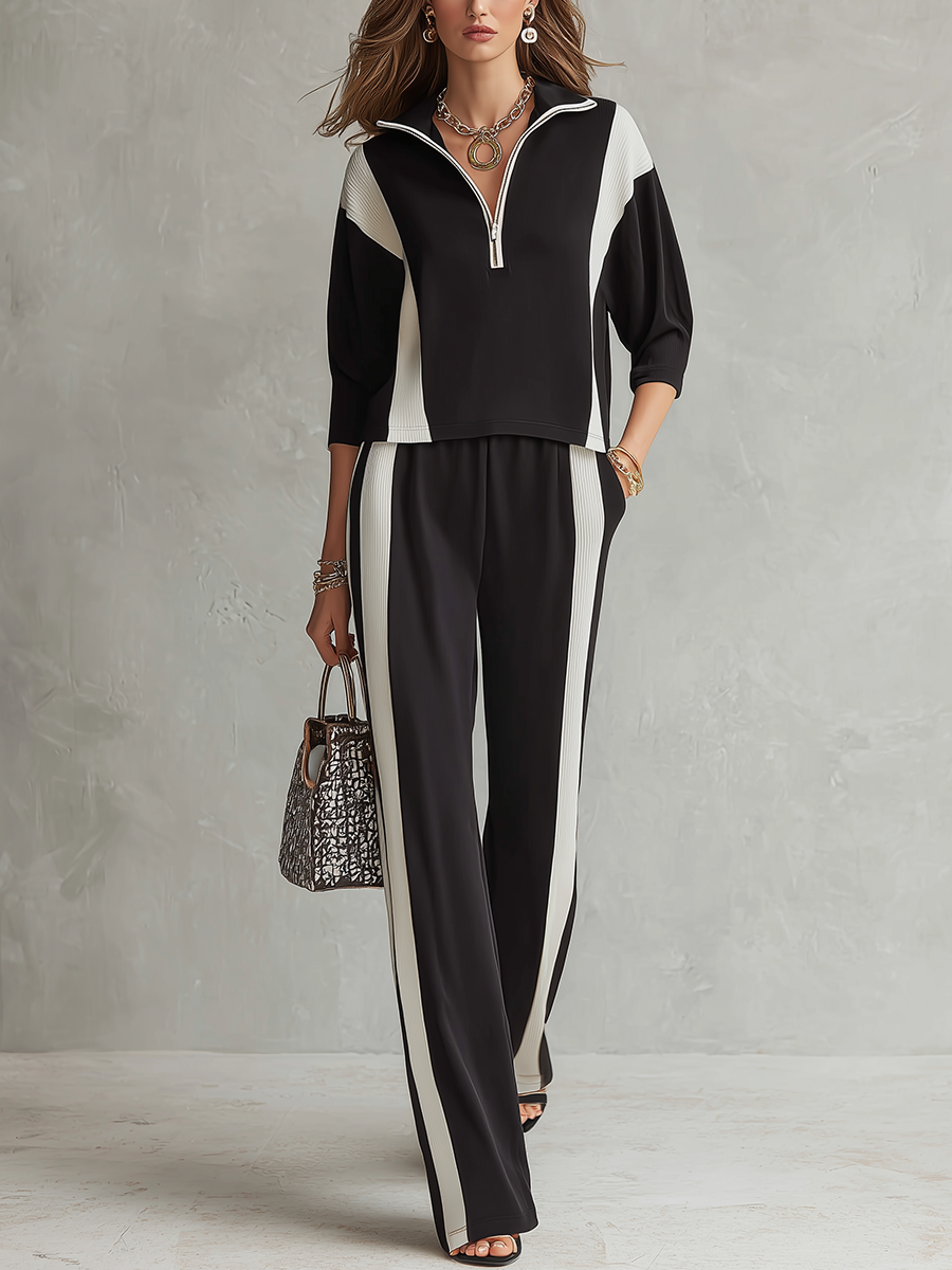 Modern Black Color Block Half-Zip Lounge Set