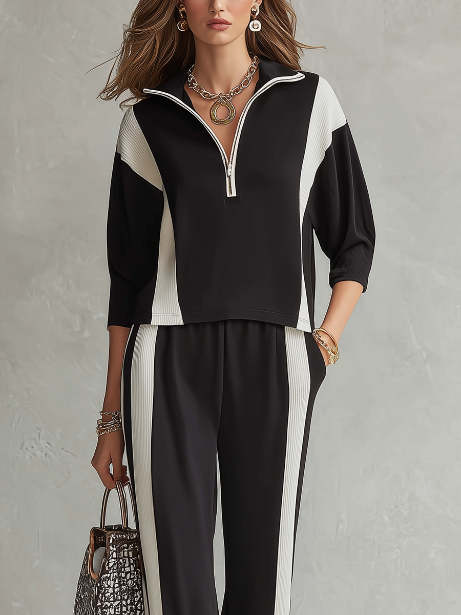 Modern Black Color Block Half-Zip Lounge Set