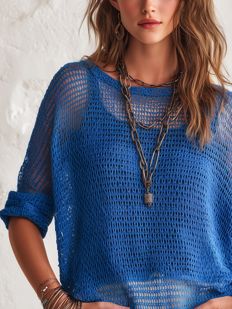 Lazy Royal Blue Openwork Knit Sweater