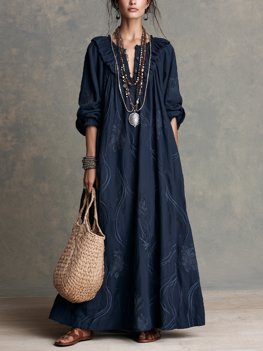 Vintage Boho Balloon Sleeve A-Line Maxi Dress