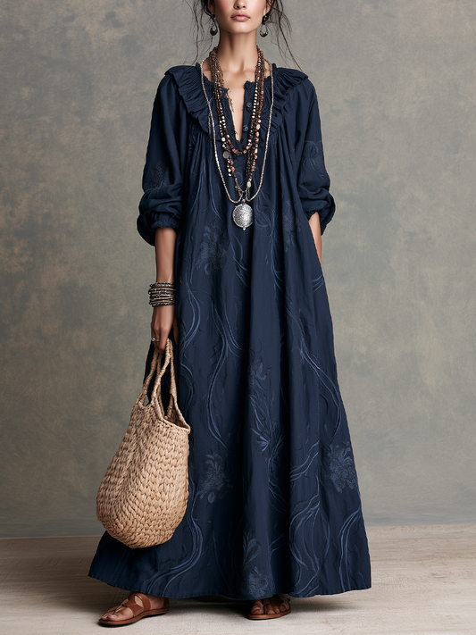 Vintage Boho Balloon Sleeve A-Line Maxi Dress