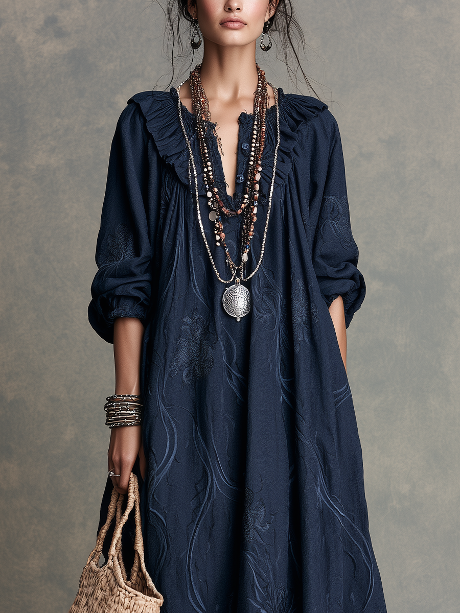 Vintage Boho Balloon Sleeve A-Line Maxi Dress