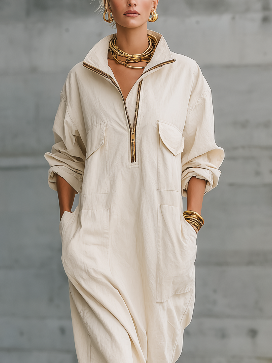 Effortless Utility Half-Zip Pocket Maxi Dress