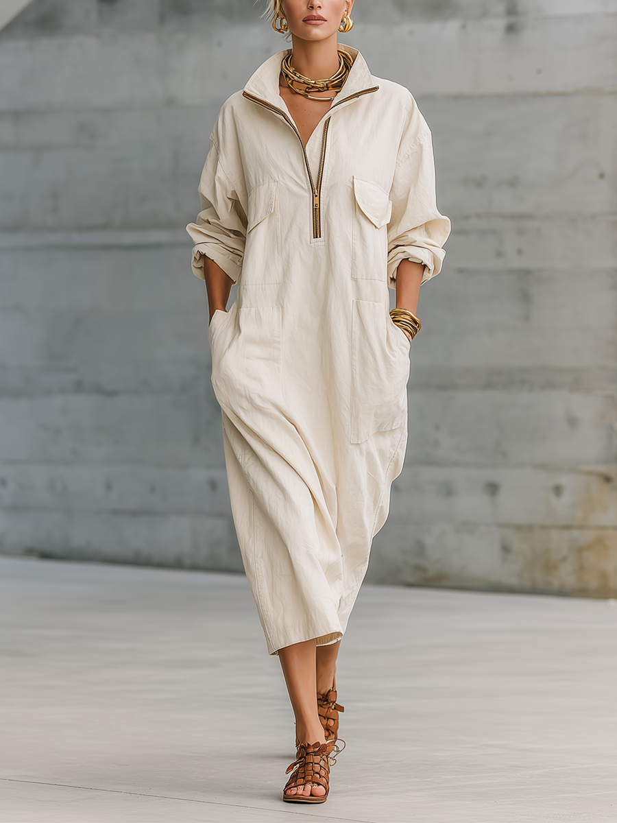 Effortless Utility Half-Zip Pocket Maxi Dress