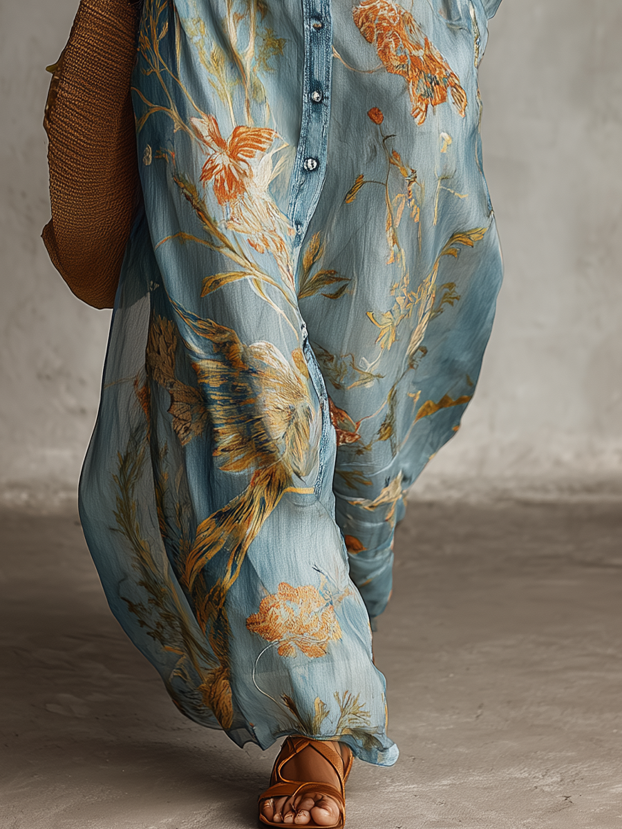 Coastal Bohemian Floral Button Front Shirt Maxi Dress