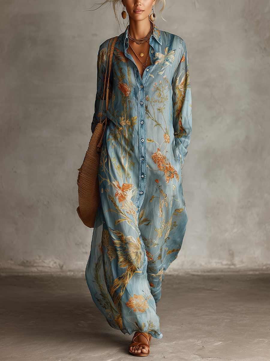 Coastal Bohemian Floral Button Front Shirt Maxi Dress