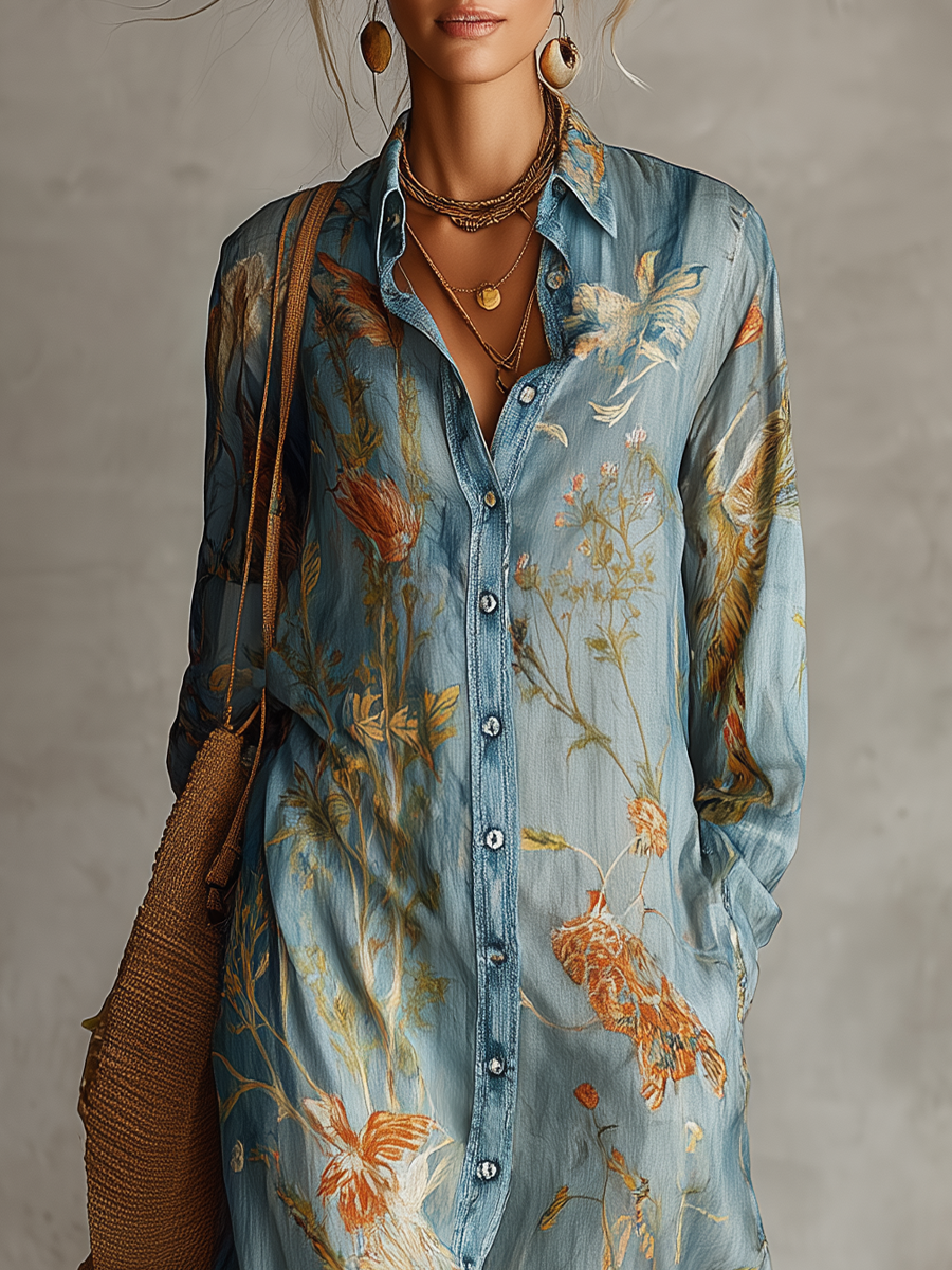 Coastal Bohemian Floral Button Front Shirt Maxi Dress