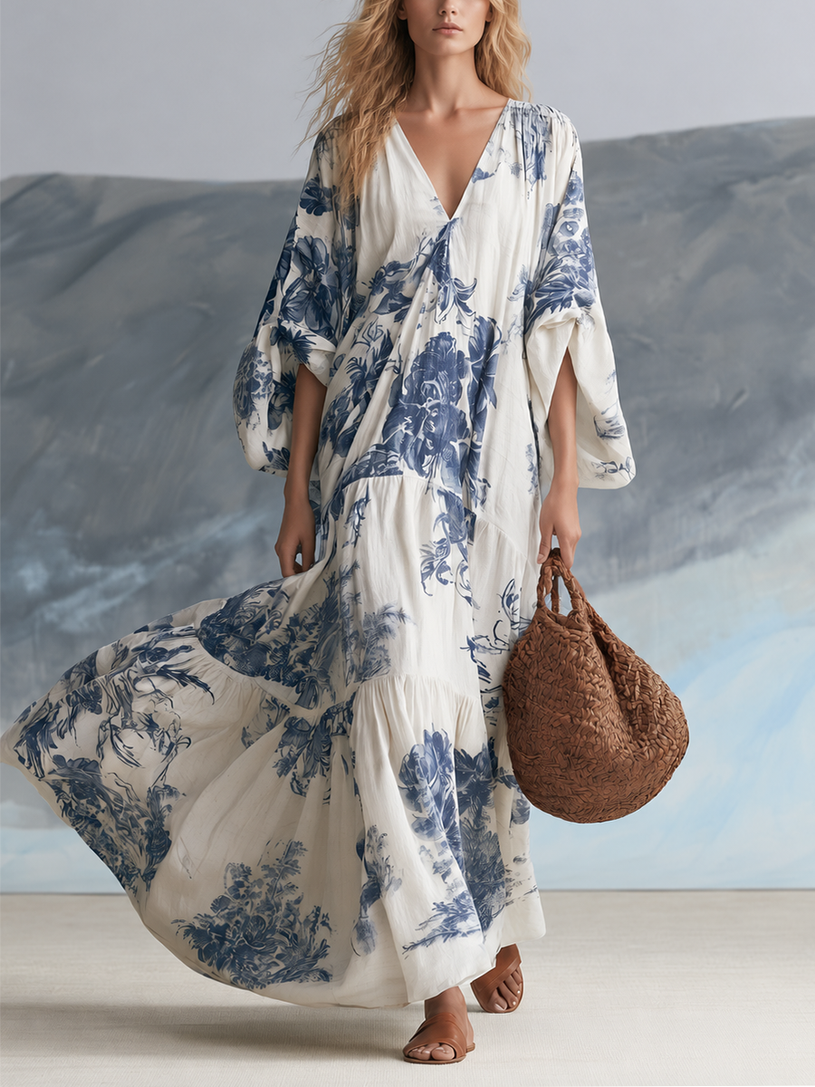 Coastal Bohemian Blue Floral Kaftan Maxi Dress