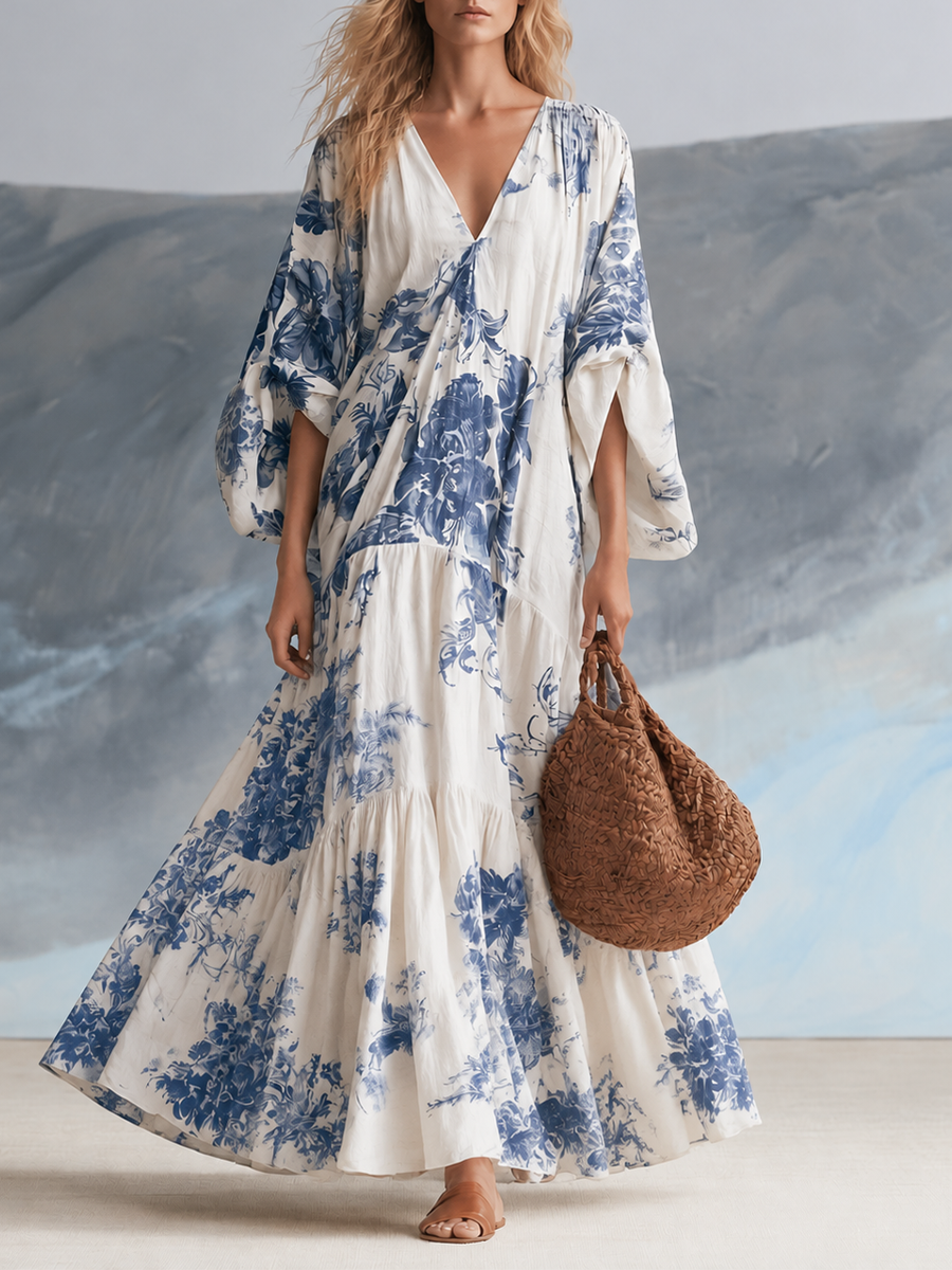 Coastal Bohemian Blue Floral Kaftan Maxi Dress