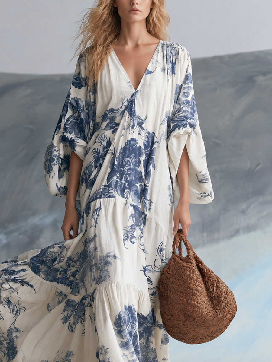 Coastal Bohemian Blue Floral Kaftan Maxi Dress