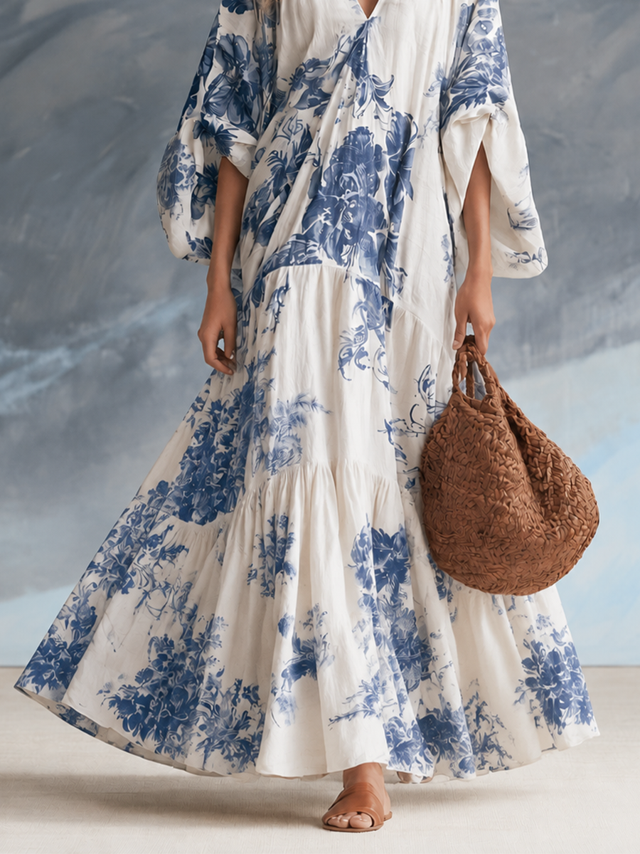 Coastal Bohemian Blue Floral Kaftan Maxi Dress