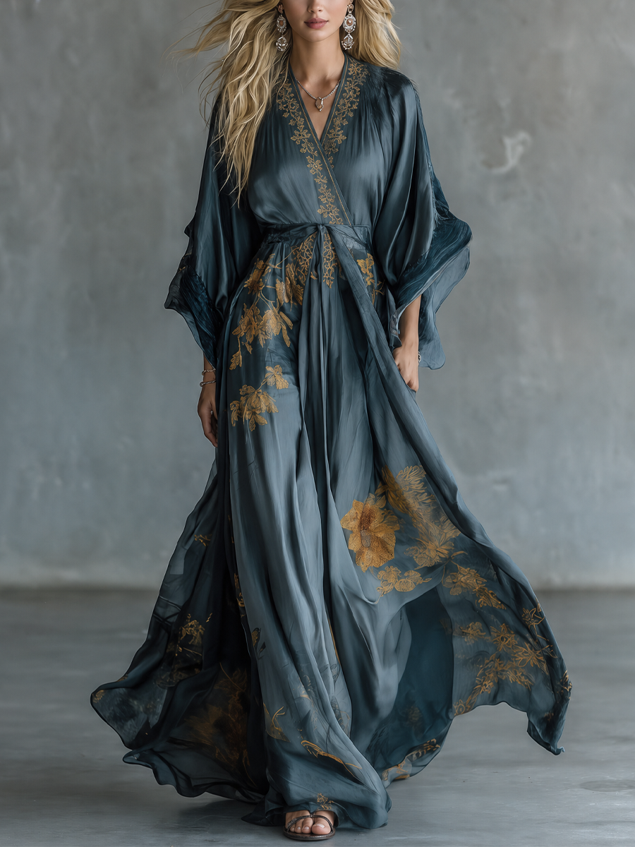 Elegant Evening Teal Floral Tie-Waist Gown Dress