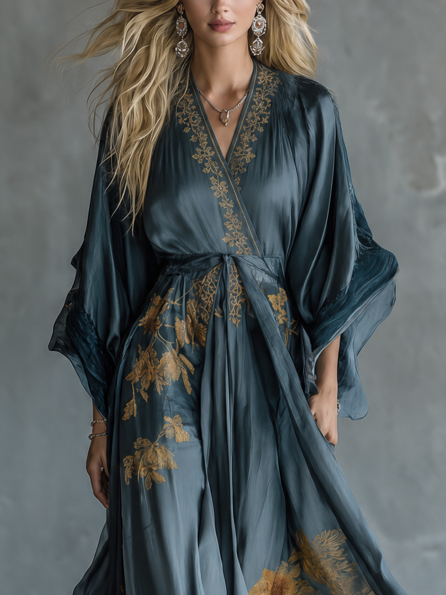 Elegant Evening Teal Floral Tie-Waist Gown Dress