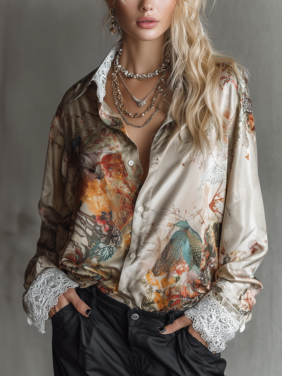 Boho Luxe Satin Floral Lace Trim Button Shirt