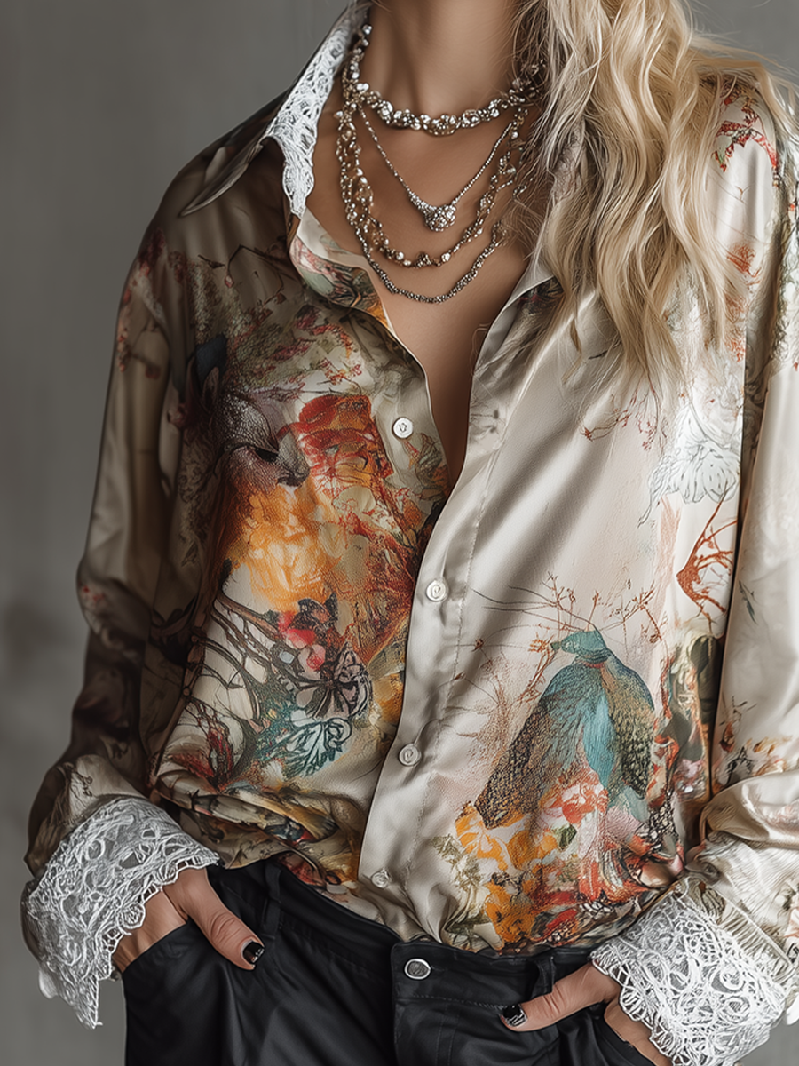 Boho Luxe Satin Floral Lace Trim Button Shirt
