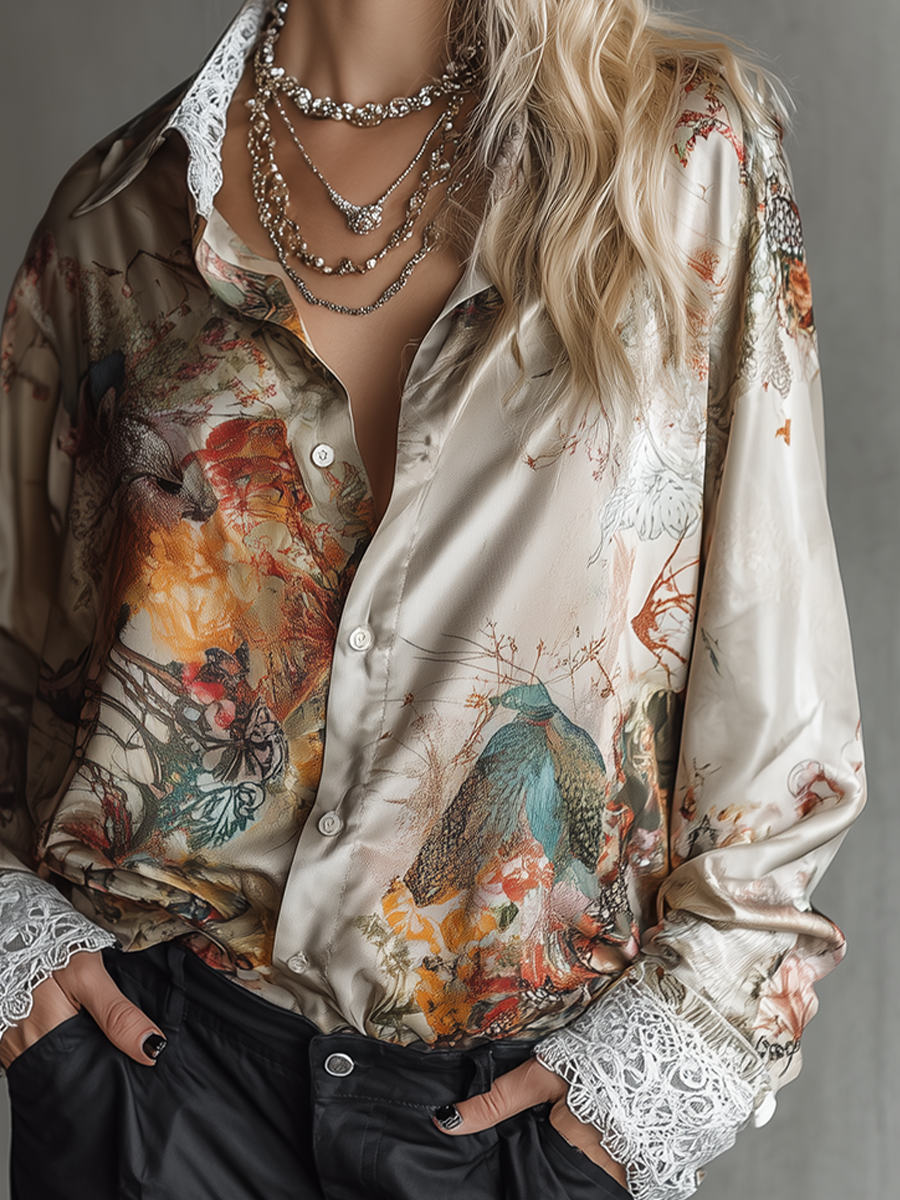 Boho Luxe Satin Floral Lace Trim Button Shirt