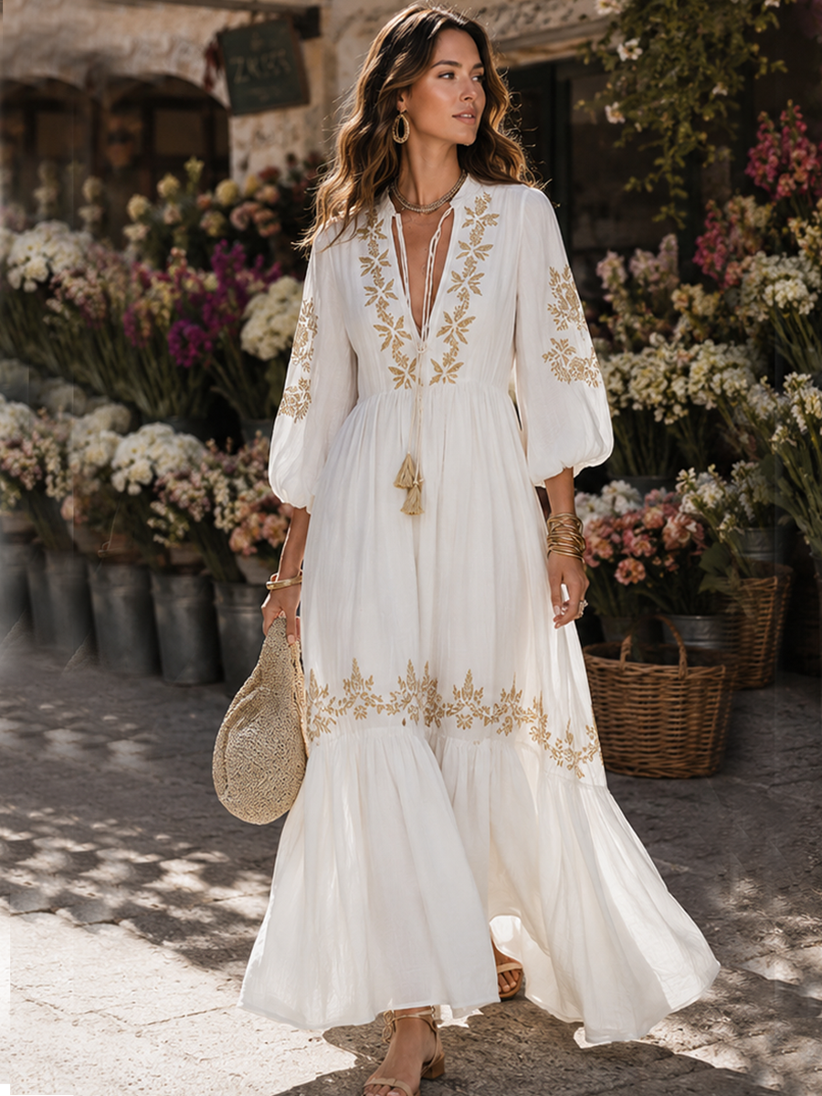 Bohemian Gold Floral Maxi Dress
