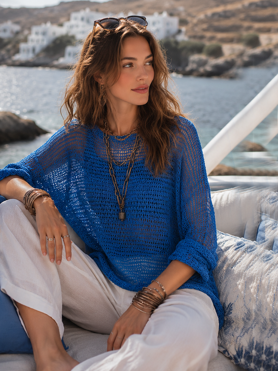 Lazy Royal Blue Openwork Knit Sweater