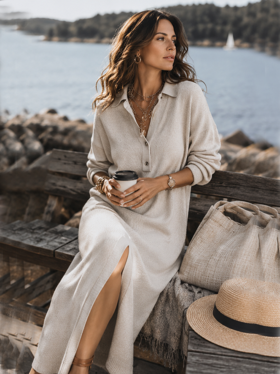 Refined Oatmeal Polo Knit Midi Dress
