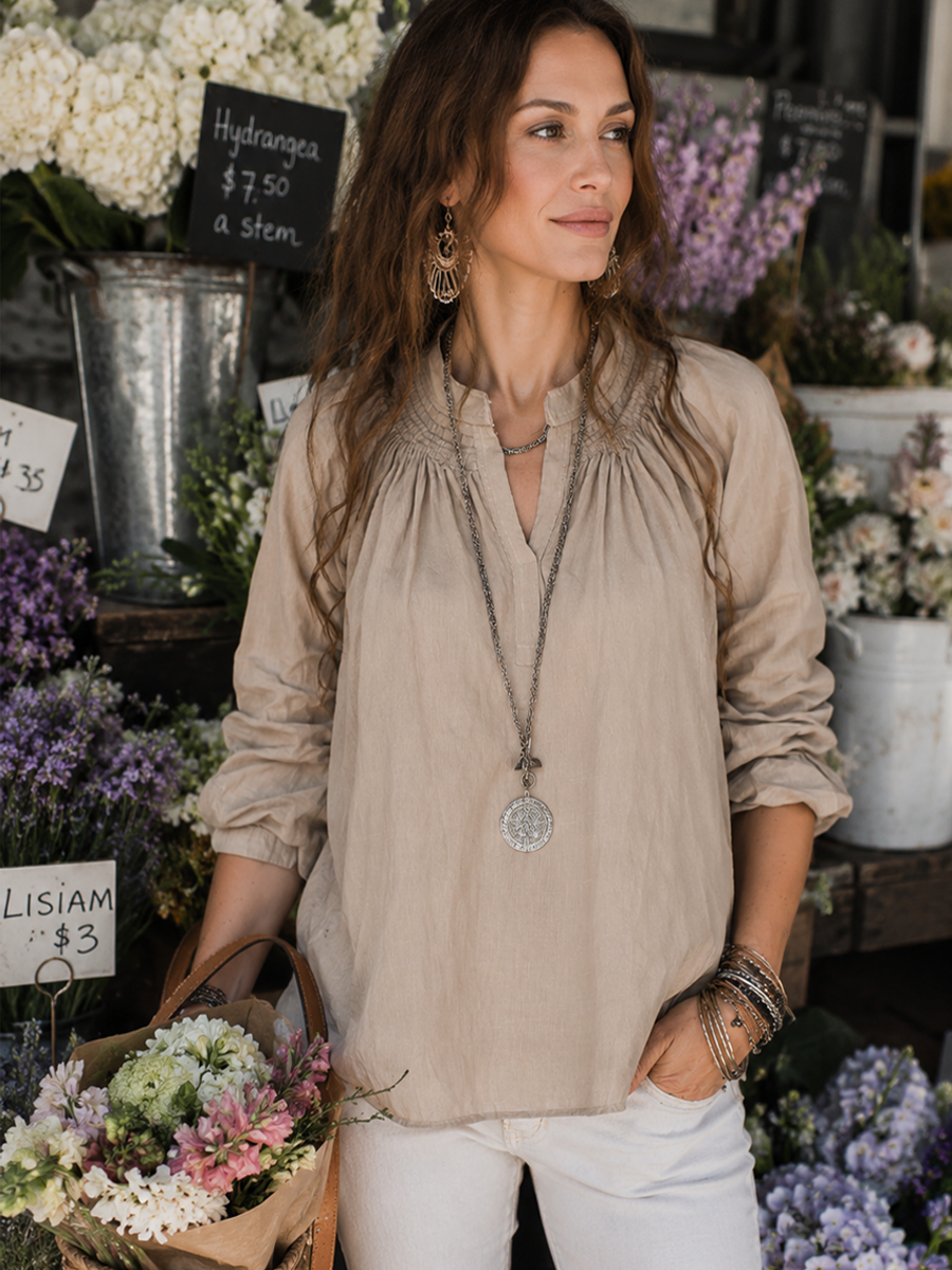 Bohemian Beige Linen Ruffled Collar Top