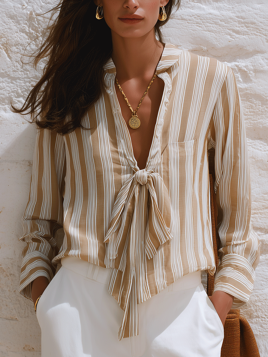 Women's Striped Tie-Neck Long Sleeve Blouse