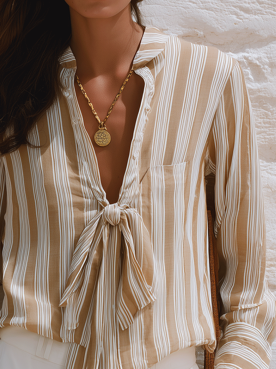 Women's Striped Tie-Neck Long Sleeve Blouse