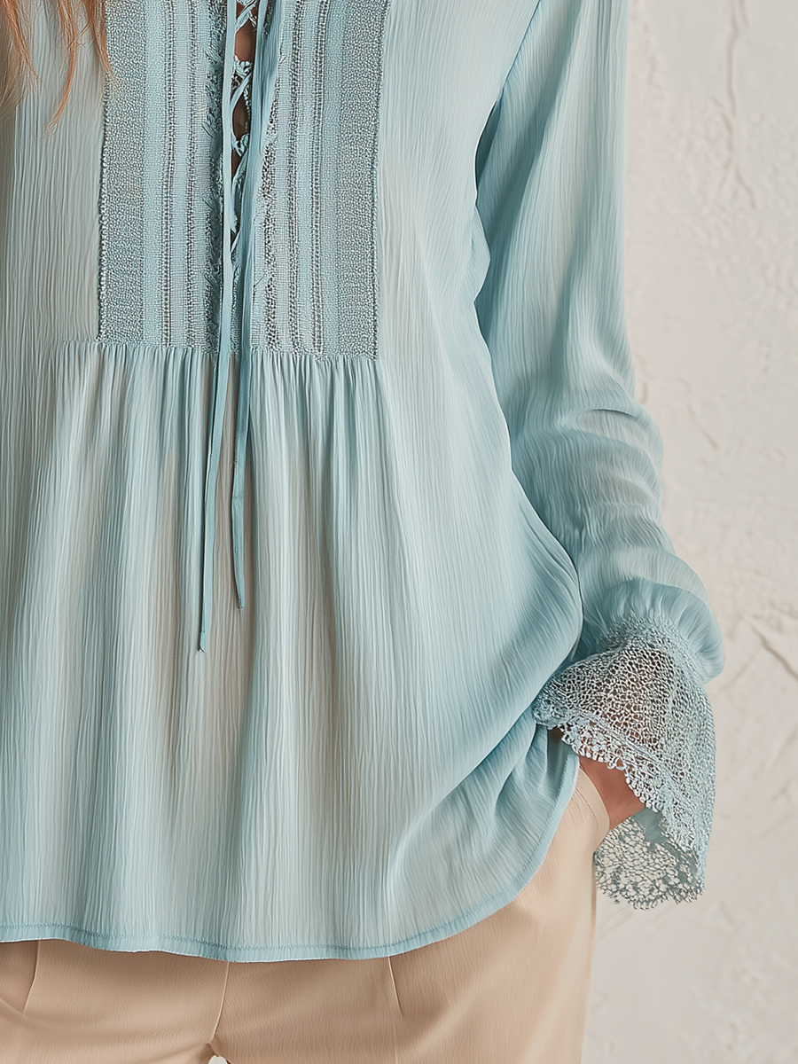 Elegant Sky Blue Lace-Up Blouse
