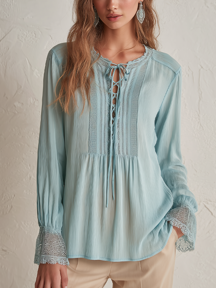 Elegant Sky Blue Lace-Up Blouse