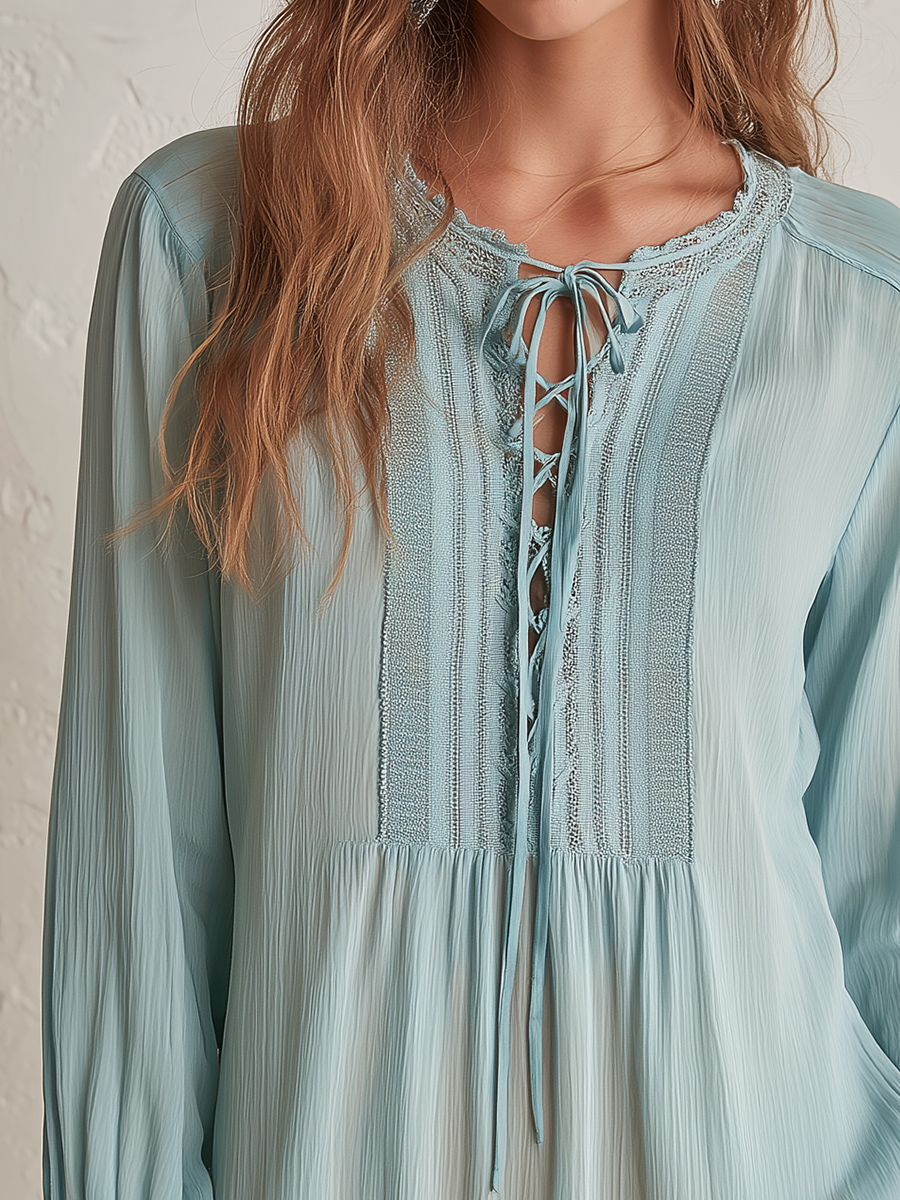 Elegant Sky Blue Lace-Up Blouse