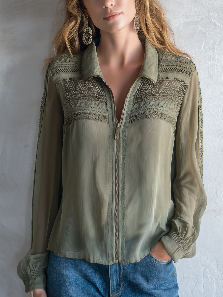 Refined Olive Lace Panel Zip Jacket