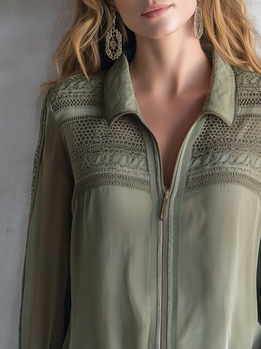 Refined Olive Lace Panel Zip Jacket