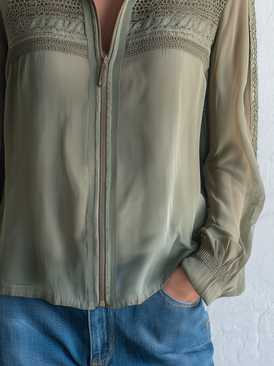 Refined Olive Lace Panel Zip Jacket
