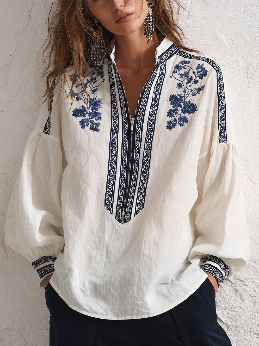Refined Floral Embroidered Zip Shirt