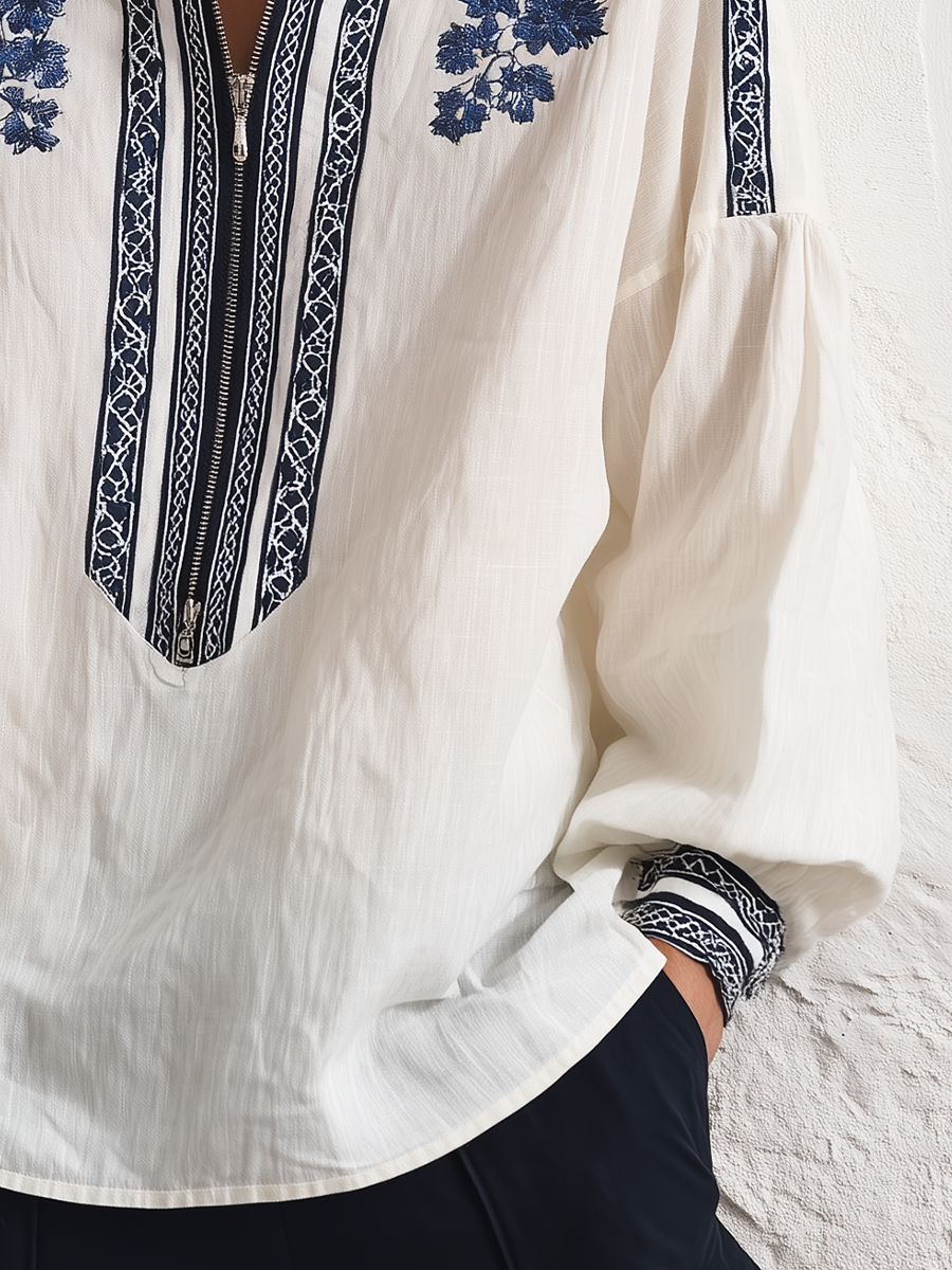 Refined Floral Embroidered Zip Shirt
